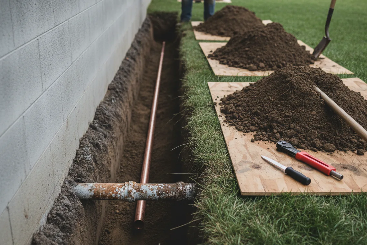 Excavated water line trench during Water Softener Installation in Heber
